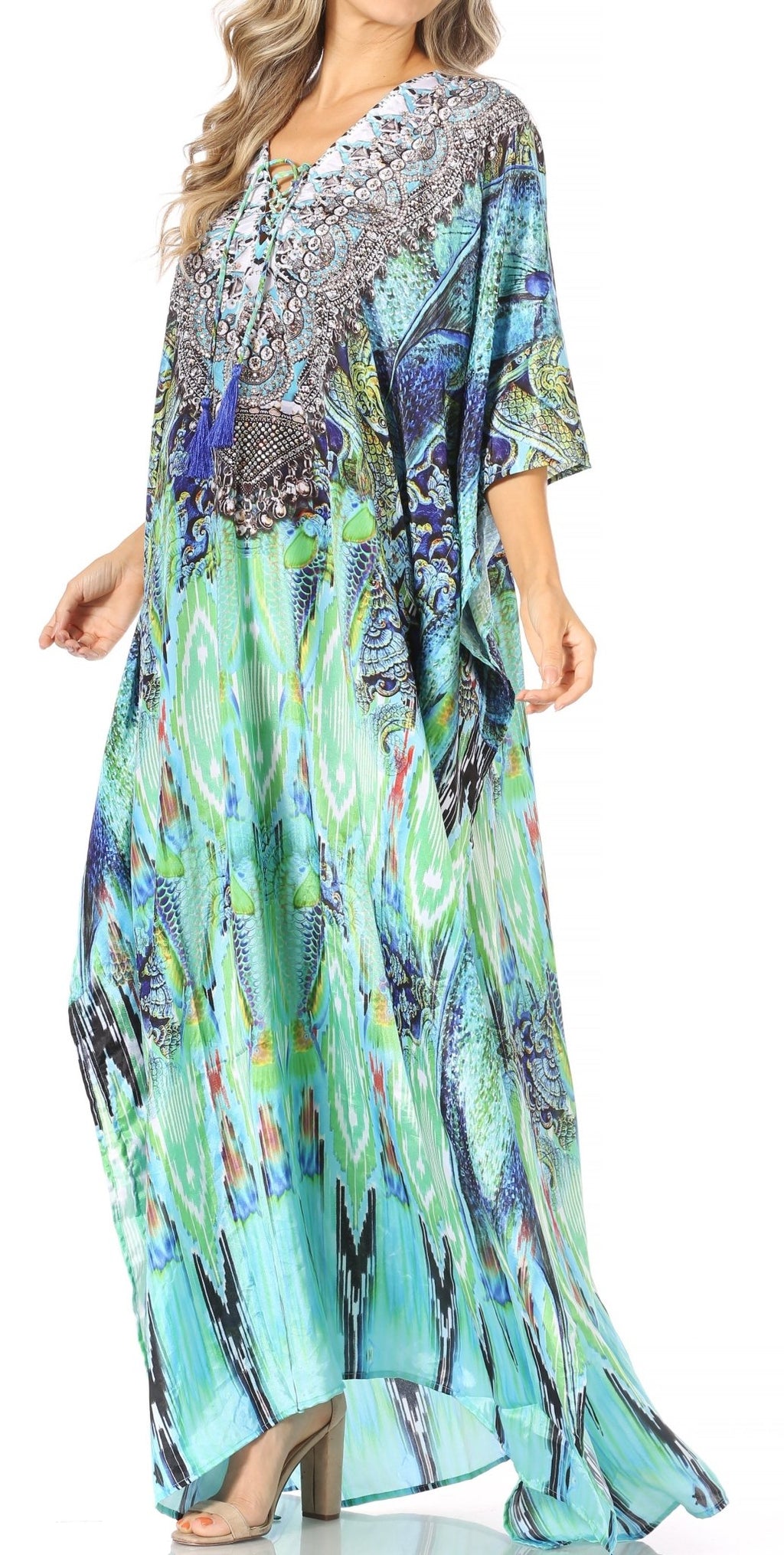 Sakkas Yeni Women's Short Sleeve V-neck Summer Floral Long Caftan Dress Cover-up dresses La Vie Bien Sakkas Yeni Women's Short Sleeve V-neck Summer Floral Long Caftan Dress Cover-up
