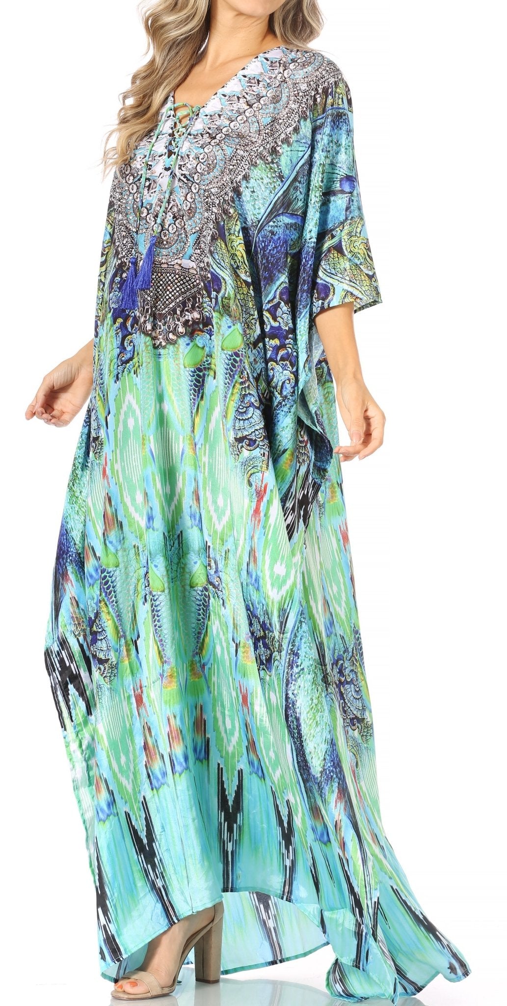 Sakkas Yeni Women's Short Sleeve V-neck Summer Floral Long Caftan Dress Cover-up dresses La Vie Bien Sakkas Yeni Women's Short Sleeve V-neck Summer Floral Long Caftan Dress Cover-up