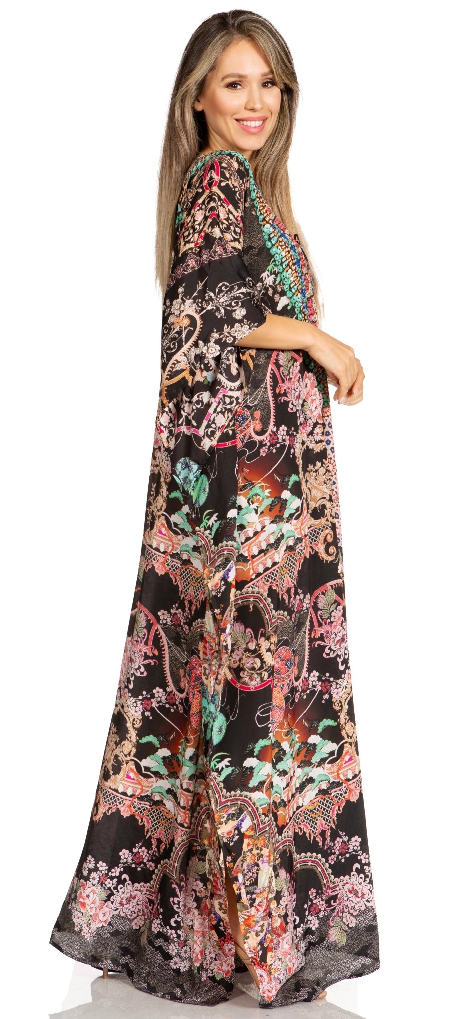 Sakkas Yeni Women's Short Sleeve V-neck Summer Floral Long Caftan Dress Cover-up dresses La Vie Bien Sakkas Yeni Women's Short Sleeve V-neck Summer Floral Long Caftan Dress Cover-up