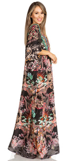 Sakkas Yeni Women's Short Sleeve V-neck Summer Floral Long Caftan Dress Cover-up dresses La Vie Bien Sakkas Yeni Women's Short Sleeve V-neck Summer Floral Long Caftan Dress Cover-up
