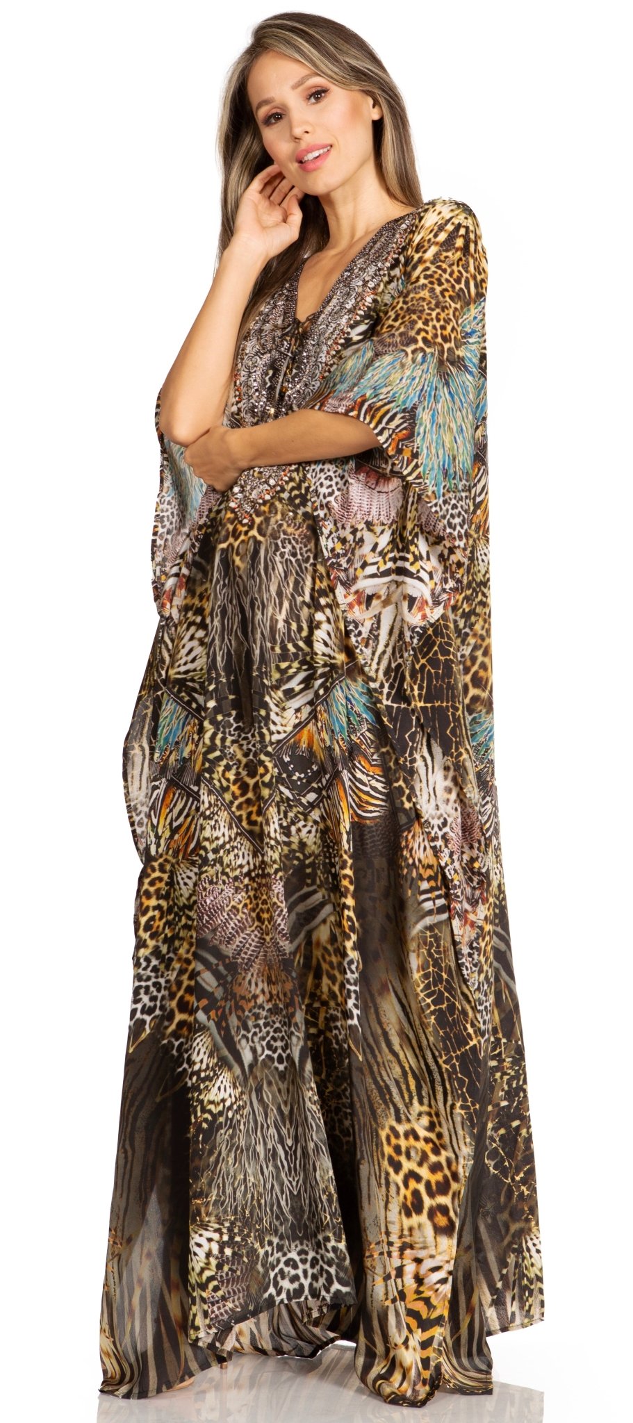 Sakkas Yeni Women's Short Sleeve V-neck Summer Floral Long Caftan Dress Cover-up dresses La Vie Bien Sakkas Yeni Women's Short Sleeve V-neck Summer Floral Long Caftan Dress Cover-up
