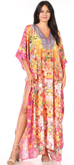 Sakkas Yeni Women's Short Sleeve V-neck Summer Floral Long Caftan Dress Cover-up dresses La Vie Bien Sakkas Yeni Women's Short Sleeve V-neck Summer Floral Long Caftan Dress Cover-up