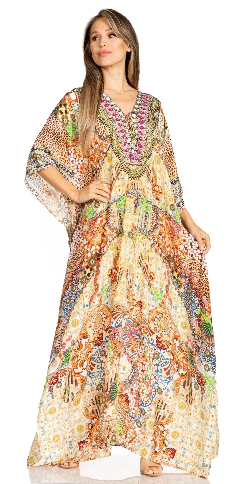 Sakkas Yeni Women's Short Sleeve V-neck Summer Floral Long Caftan Dress Cover-up dresses La Vie Bien Sakkas Yeni Women's Short Sleeve V-neck Summer Floral Long Caftan Dress Cover-up