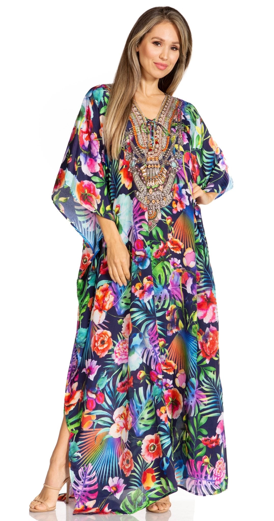 Sakkas Yeni Women's Short Sleeve V-neck Summer Floral Long Caftan Dress Cover-up dresses La Vie Bien Sakkas Yeni Women's Short Sleeve V-neck Summer Floral Long Caftan Dress Cover-up
