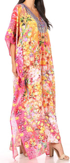 Sakkas Yeni Women's Short Sleeve V-neck Summer Floral Long Caftan Dress Cover-up dresses La Vie Bien Sakkas Yeni Women's Short Sleeve V-neck Summer Floral Long Caftan Dress Cover-up