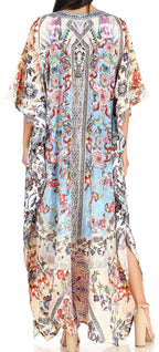 Sakkas Yeni Women's Short Sleeve V-neck Summer Floral Long Caftan Dress Cover-up dresses La Vie Bien Sakkas Yeni Women's Short Sleeve V-neck Summer Floral Long Caftan Dress Cover-up