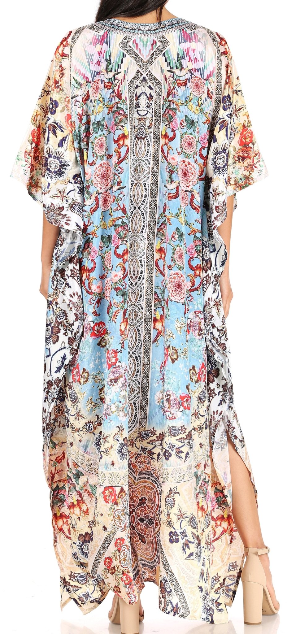 Sakkas Yeni Women's Short Sleeve V-neck Summer Floral Long Caftan Dress Cover-up dresses La Vie Bien Sakkas Yeni Women's Short Sleeve V-neck Summer Floral Long Caftan Dress Cover-up