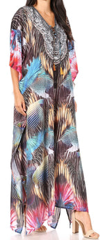 Sakkas Yeni Women's Short Sleeve V-neck Summer Floral Long Caftan Dress Cover-up dresses La Vie Bien Sakkas Yeni Women's Short Sleeve V-neck Summer Floral Long Caftan Dress Cover-up