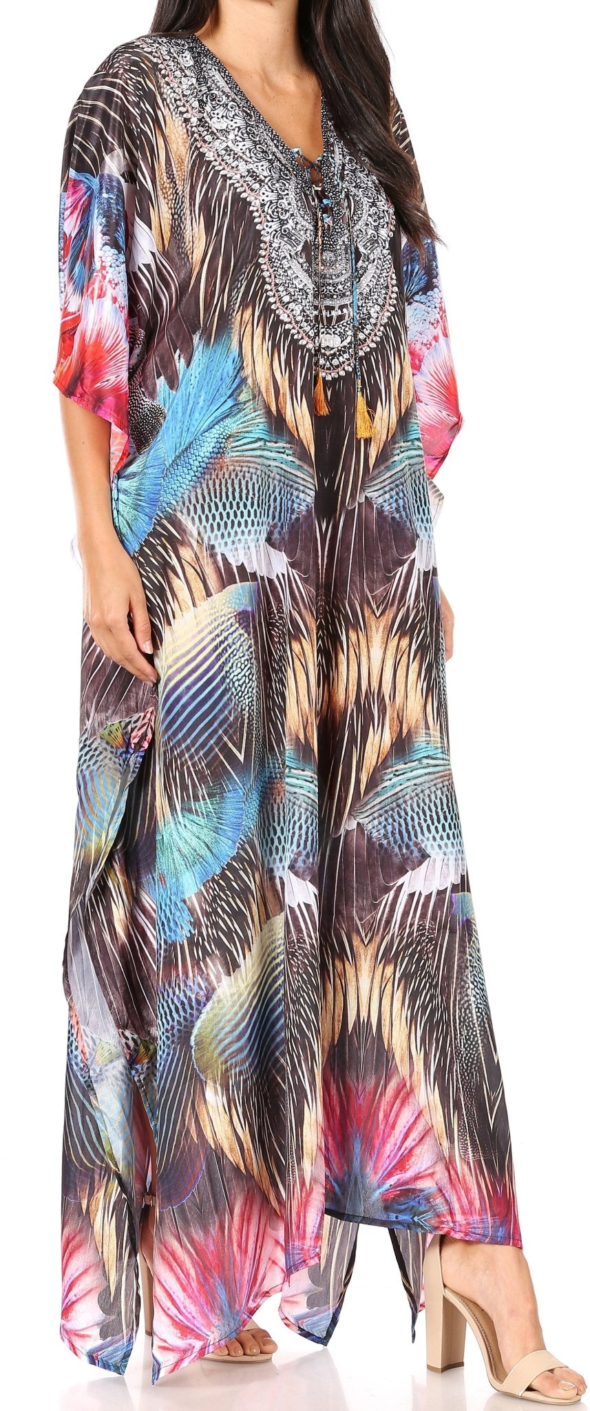 Sakkas Yeni Women's Short Sleeve V-neck Summer Floral Long Caftan Dress Cover-up dresses La Vie Bien Sakkas Yeni Women's Short Sleeve V-neck Summer Floral Long Caftan Dress Cover-up