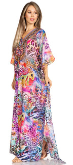Sakkas Yeni Women's Short Sleeve V-neck Summer Floral Long Caftan Dress Cover-up dresses La Vie Bien Sakkas Yeni Women's Short Sleeve V-neck Summer Floral Long Caftan Dress Cover-up