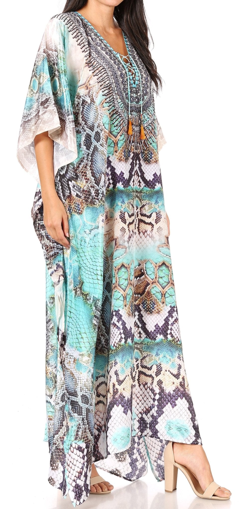 Sakkas Yeni Women's Short Sleeve V-neck Summer Floral Long Caftan Dress Cover-up dresses La Vie Bien Sakkas Yeni Women's Short Sleeve V-neck Summer Floral Long Caftan Dress Cover-up