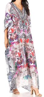Sakkas Yeni Women's Short Sleeve V-neck Summer Floral Long Caftan Dress Cover-up dresses La Vie Bien Sakkas Yeni Women's Short Sleeve V-neck Summer Floral Long Caftan Dress Cover-up