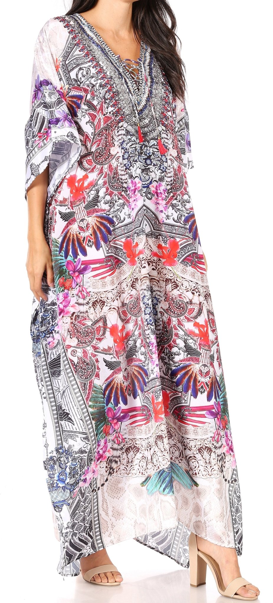 Sakkas Yeni Women's Short Sleeve V-neck Summer Floral Long Caftan Dress Cover-up dresses La Vie Bien Sakkas Yeni Women's Short Sleeve V-neck Summer Floral Long Caftan Dress Cover-up