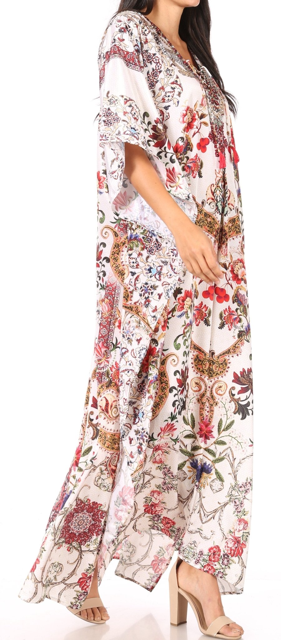 Sakkas Yeni Women's Short Sleeve V-neck Summer Floral Long Caftan Dress Cover-up dresses La Vie Bien Sakkas Yeni Women's Short Sleeve V-neck Summer Floral Long Caftan Dress Cover-up