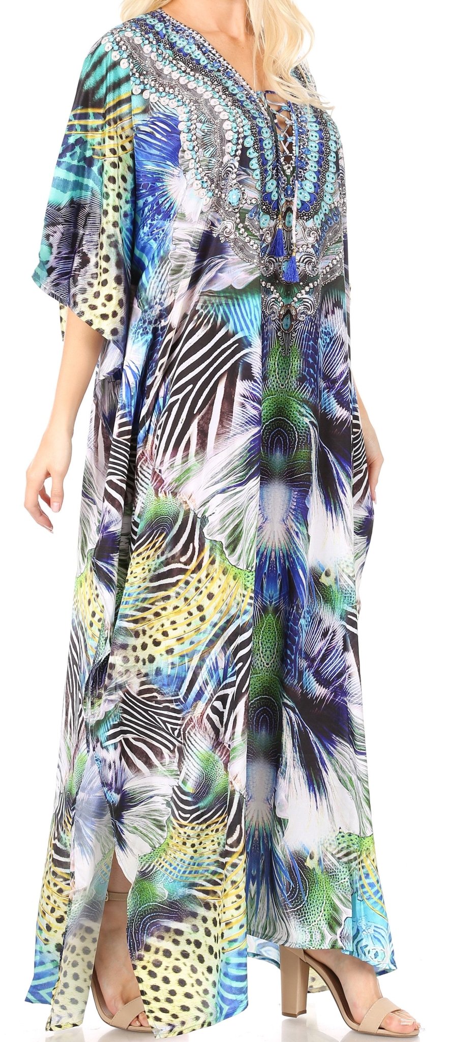 Sakkas Yeni Women's Short Sleeve V-neck Summer Floral Long Caftan Dress Cover-up dresses La Vie Bien Sakkas Yeni Women's Short Sleeve V-neck Summer Floral Long Caftan Dress Cover-up