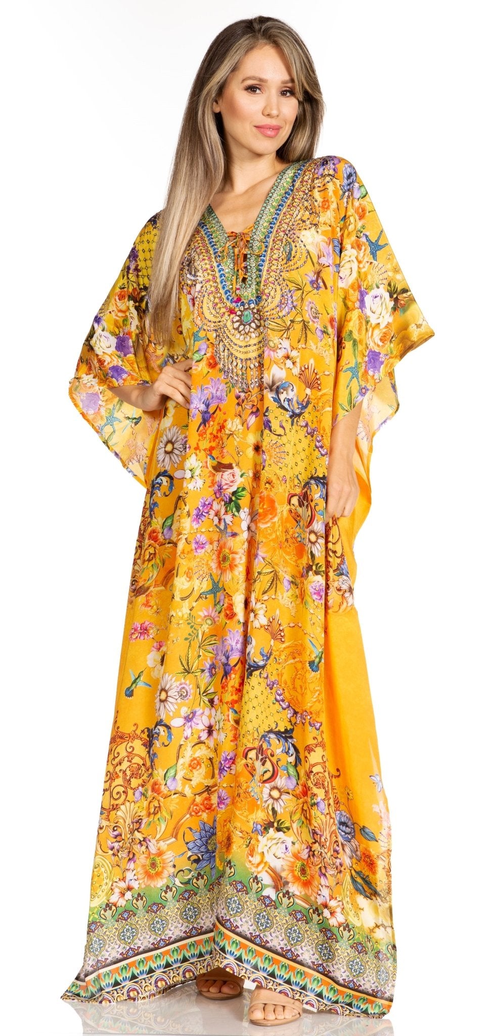 Sakkas Yeni Women's Short Sleeve V-neck Summer Floral Long Caftan Dress Cover-up dresses La Vie Bien Sakkas Yeni Women's Short Sleeve V-neck Summer Floral Long Caftan Dress Cover-up
