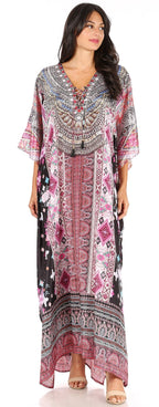 Sakkas Yeni Women's Short Sleeve V-neck Summer Floral Long Caftan Dress Cover-up dresses La Vie Bien Sakkas Yeni Women's Short Sleeve V-neck Summer Floral Long Caftan Dress Cover-up