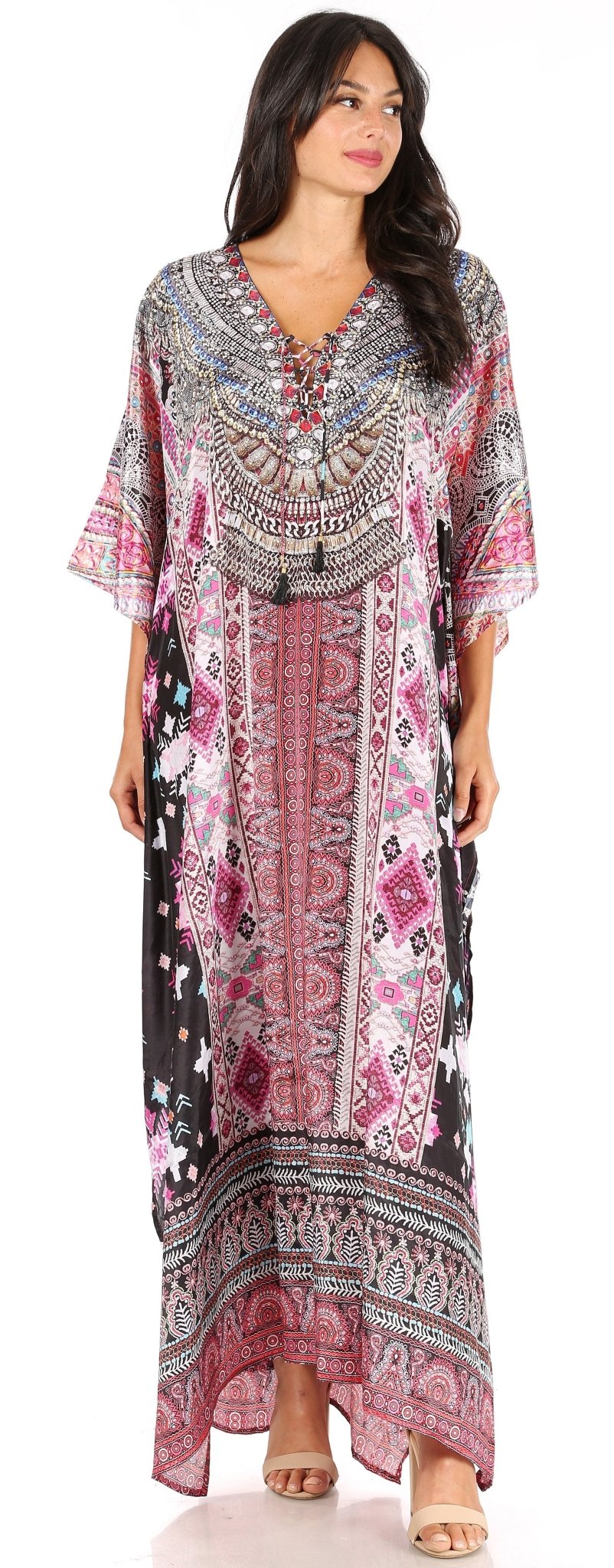 Sakkas Yeni Women's Short Sleeve V-neck Summer Floral Long Caftan Dress Cover-up dresses La Vie Bien Sakkas Yeni Women's Short Sleeve V-neck Summer Floral Long Caftan Dress Cover-up