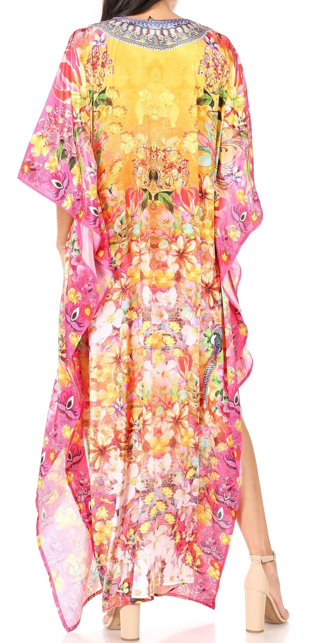Sakkas Yeni Women's Short Sleeve V-neck Summer Floral Long Caftan Dress Cover-up dresses La Vie Bien Sakkas Yeni Women's Short Sleeve V-neck Summer Floral Long Caftan Dress Cover-up