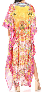 Sakkas Yeni Women's Short Sleeve V-neck Summer Floral Long Caftan Dress Cover-up dresses La Vie Bien Sakkas Yeni Women's Short Sleeve V-neck Summer Floral Long Caftan Dress Cover-up