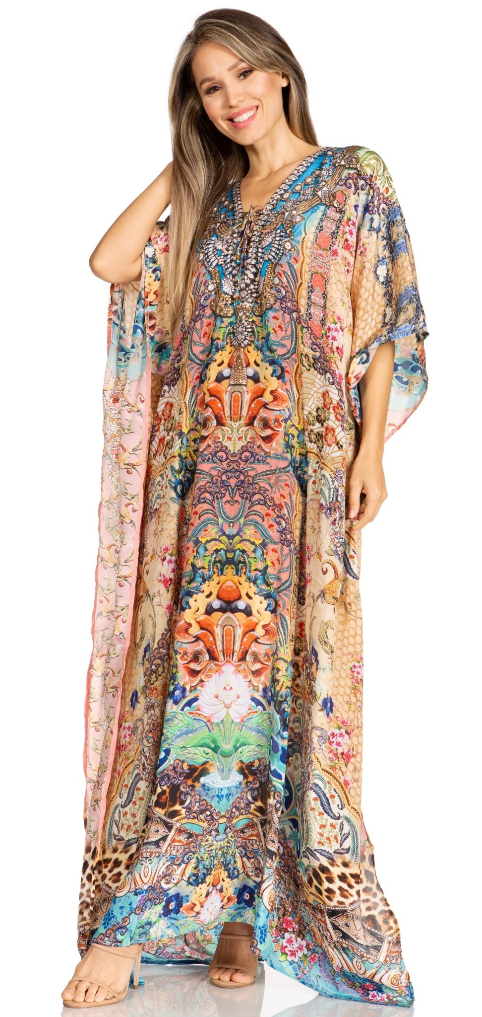 Sakkas Yeni Women's Short Sleeve V-neck Summer Floral Long Caftan Dress Cover-up dresses La Vie Bien Sakkas Yeni Women's Short Sleeve V-neck Summer Floral Long Caftan Dress Cover-up
