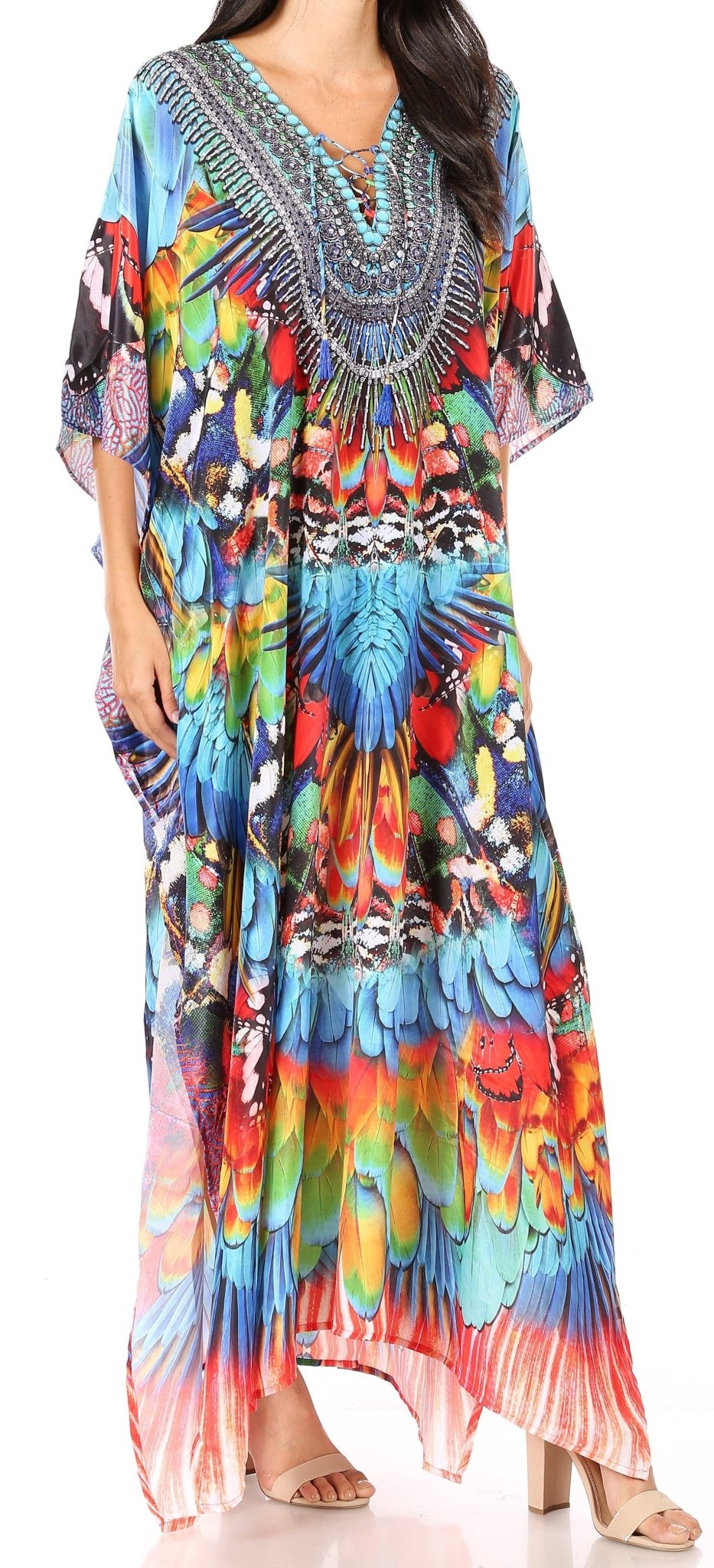 Sakkas Yeni Women's Short Sleeve V-neck Summer Floral Long Caftan Dress Cover-up dresses La Vie Bien Sakkas Yeni Women's Short Sleeve V-neck Summer Floral Long Caftan Dress Cover-up