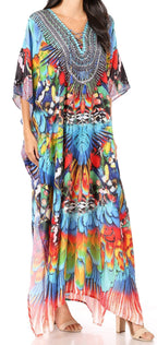 Sakkas Yeni Women's Short Sleeve V-neck Summer Floral Long Caftan Dress Cover-up dresses La Vie Bien Sakkas Yeni Women's Short Sleeve V-neck Summer Floral Long Caftan Dress Cover-up