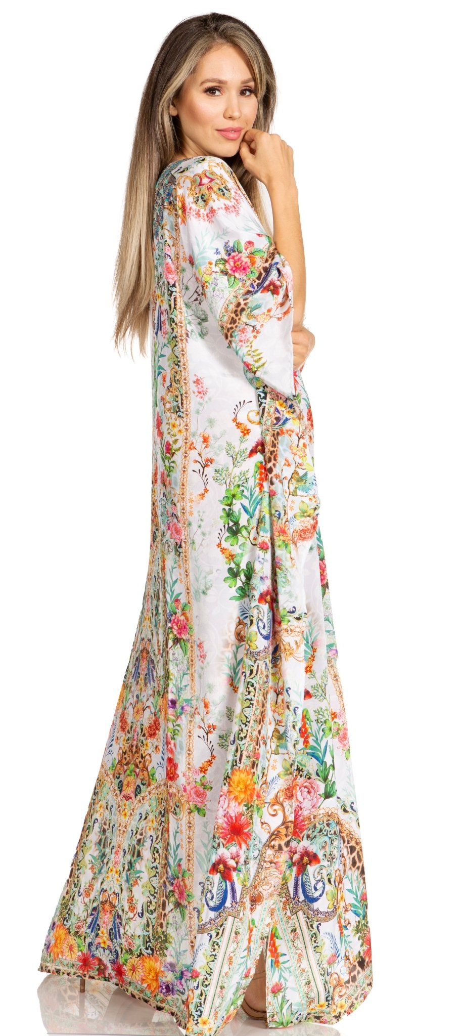 Sakkas Yeni Women's Short Sleeve V-neck Summer Floral Long Caftan Dress Cover-up dresses La Vie Bien Sakkas Yeni Women's Short Sleeve V-neck Summer Floral Long Caftan Dress Cover-up