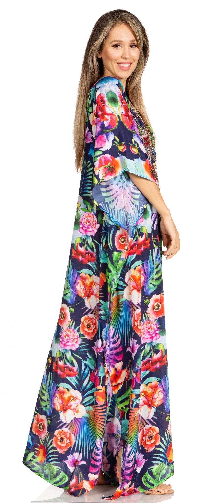 Sakkas Yeni Women's Short Sleeve V-neck Summer Floral Long Caftan Dress Cover-up dresses La Vie Bien Sakkas Yeni Women's Short Sleeve V-neck Summer Floral Long Caftan Dress Cover-up