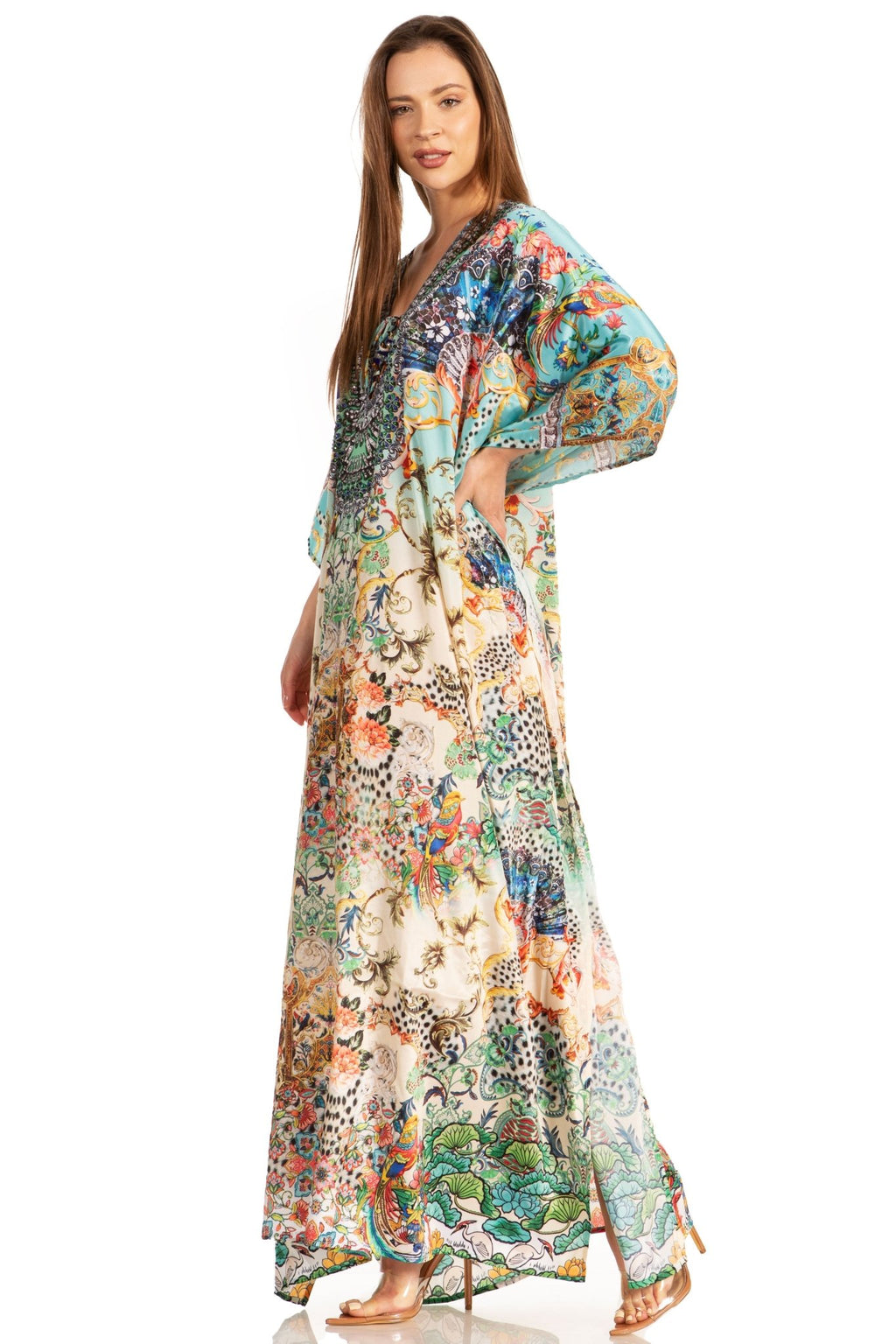 Sakkas Yeni Women's Short Sleeve V-neck Summer Floral Long Caftan Dress Cover-up dresses La Vie Bien Sakkas Yeni Women's Short Sleeve V-neck Summer Floral Long Caftan Dress Cover-up