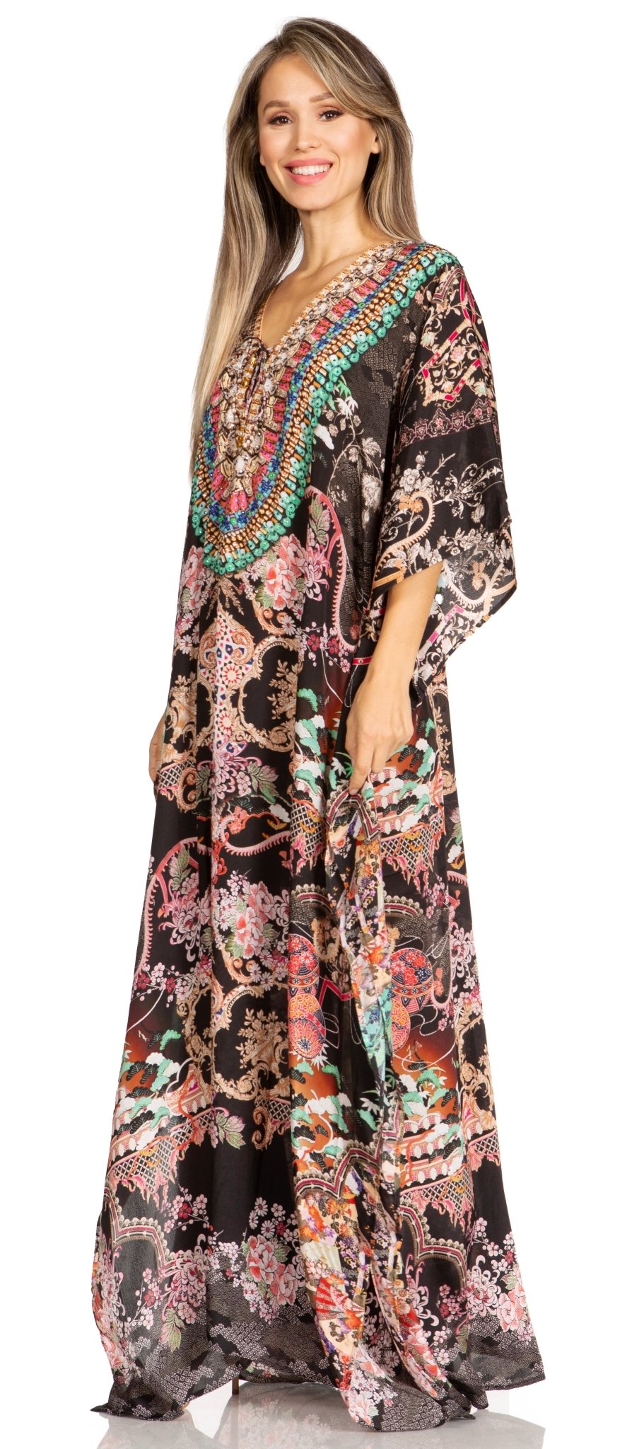 Sakkas Yeni Women's Short Sleeve V-neck Summer Floral Long Caftan Dress Cover-up dresses La Vie Bien Sakkas Yeni Women's Short Sleeve V-neck Summer Floral Long Caftan Dress Cover-up
