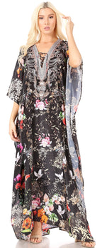 Sakkas Yeni Women's Short Sleeve V-neck Summer Floral Long Caftan Dress Cover-up dresses La Vie Bien Sakkas Yeni Women's Short Sleeve V-neck Summer Floral Long Caftan Dress Cover-up
