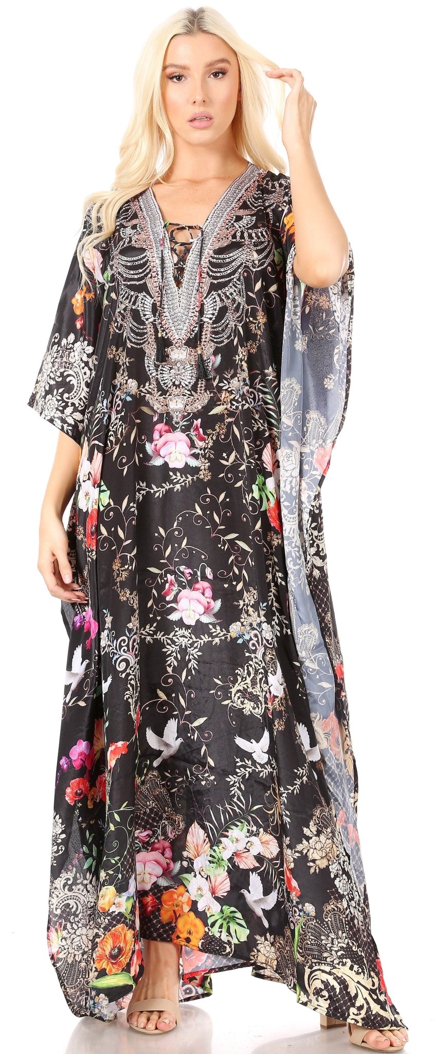 Sakkas Yeni Women's Short Sleeve V-neck Summer Floral Long Caftan Dress Cover-up dresses La Vie Bien Sakkas Yeni Women's Short Sleeve V-neck Summer Floral Long Caftan Dress Cover-up