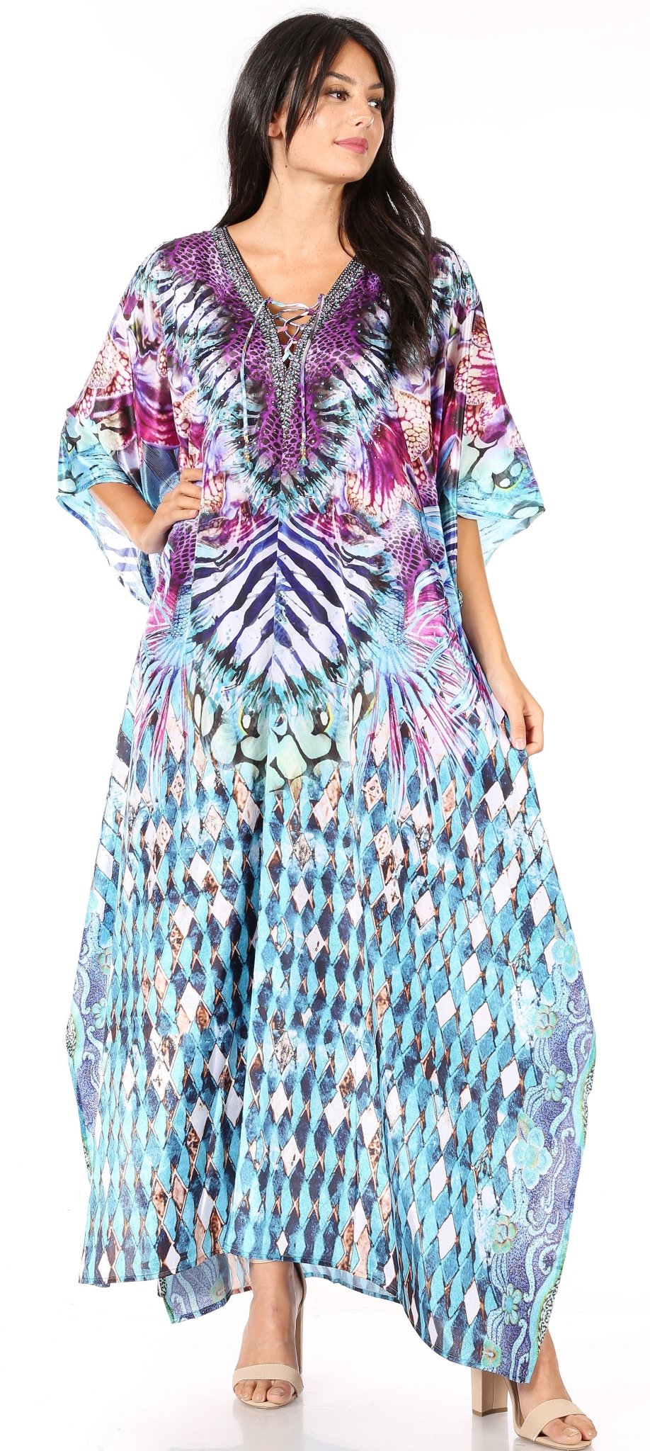 Sakkas Yeni Women's Short Sleeve V-neck Summer Floral Long Caftan Dress Cover-up dresses La Vie Bien Sakkas Yeni Women's Short Sleeve V-neck Summer Floral Long Caftan Dress Cover-up