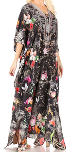 Sakkas Yeni Women's Short Sleeve V-neck Summer Floral Long Caftan Dress Cover-up dresses La Vie Bien Sakkas Yeni Women's Short Sleeve V-neck Summer Floral Long Caftan Dress Cover-up