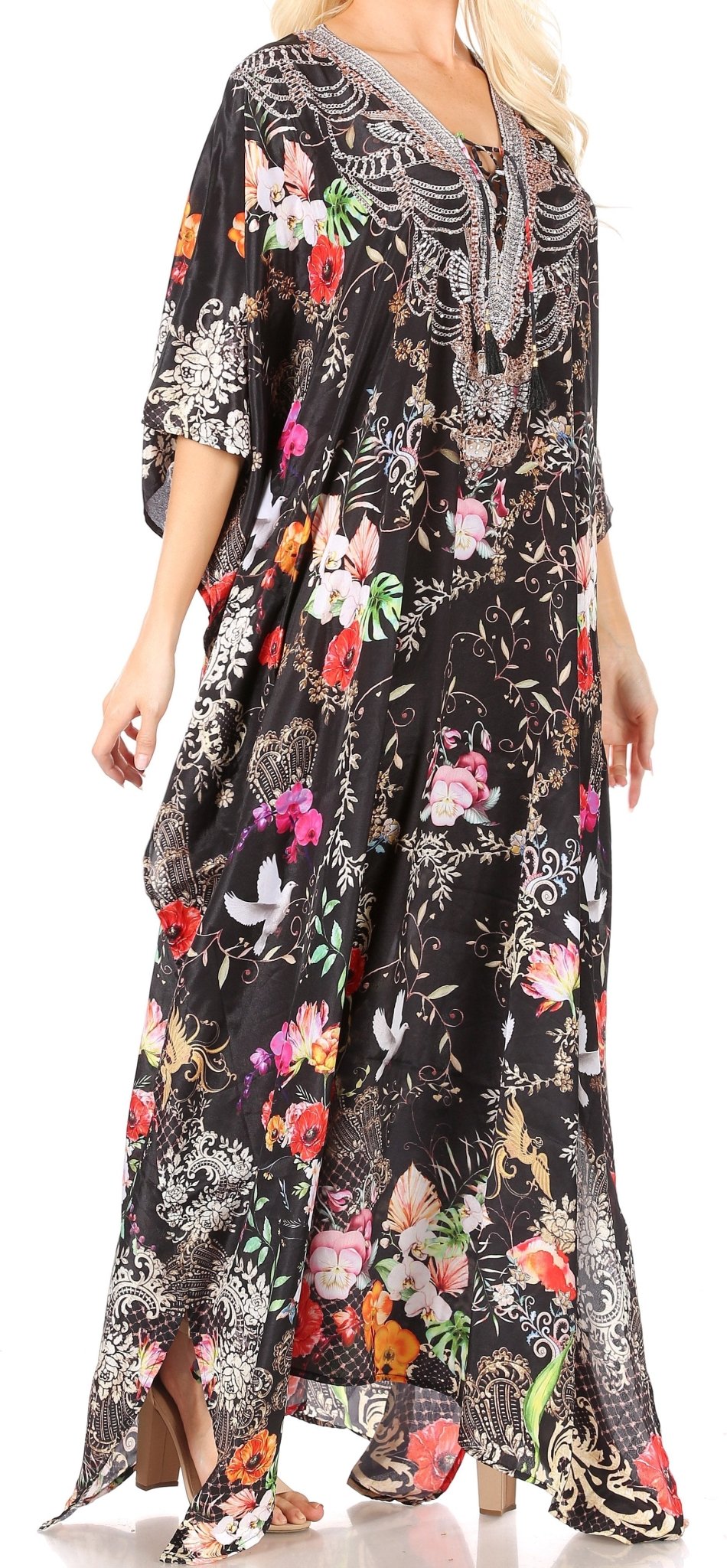 Sakkas Yeni Women's Short Sleeve V-neck Summer Floral Long Caftan Dress Cover-up dresses La Vie Bien Sakkas Yeni Women's Short Sleeve V-neck Summer Floral Long Caftan Dress Cover-up