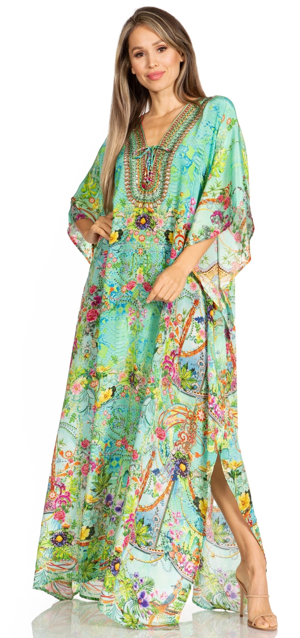 Sakkas Yeni Women's Short Sleeve V-neck Summer Floral Long Caftan Dress Cover-up dresses La Vie Bien Sakkas Yeni Women's Short Sleeve V-neck Summer Floral Long Caftan Dress Cover-up