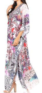 Sakkas Yeni Women's Short Sleeve V-neck Summer Floral Long Caftan Dress Cover-up dresses La Vie Bien Sakkas Yeni Women's Short Sleeve V-neck Summer Floral Long Caftan Dress Cover-up