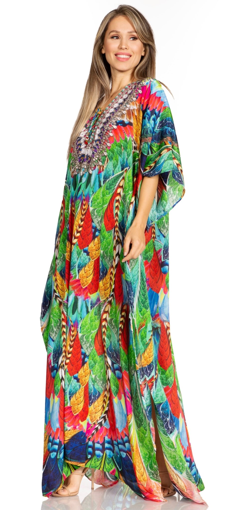 Sakkas Yeni Women's Short Sleeve V-neck Summer Floral Long Caftan Dress Cover-up dresses La Vie Bien Sakkas Yeni Women's Short Sleeve V-neck Summer Floral Long Caftan Dress Cover-up