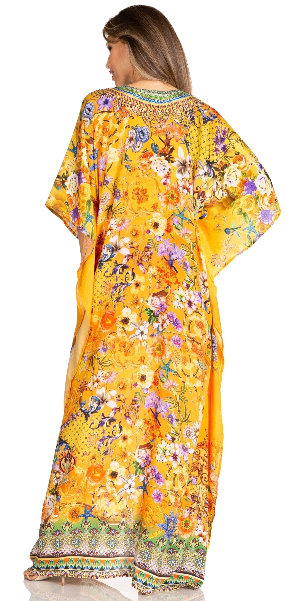 Sakkas Yeni Women's Short Sleeve V-neck Summer Floral Long Caftan Dress Cover-up dresses La Vie Bien Sakkas Yeni Women's Short Sleeve V-neck Summer Floral Long Caftan Dress Cover-up