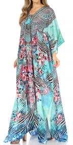 Sakkas Yeni Women's Short Sleeve V-neck Summer Floral Long Caftan Dress Cover-up dresses La Vie Bien Sakkas Yeni Women's Short Sleeve V-neck Summer Floral Long Caftan Dress Cover-up