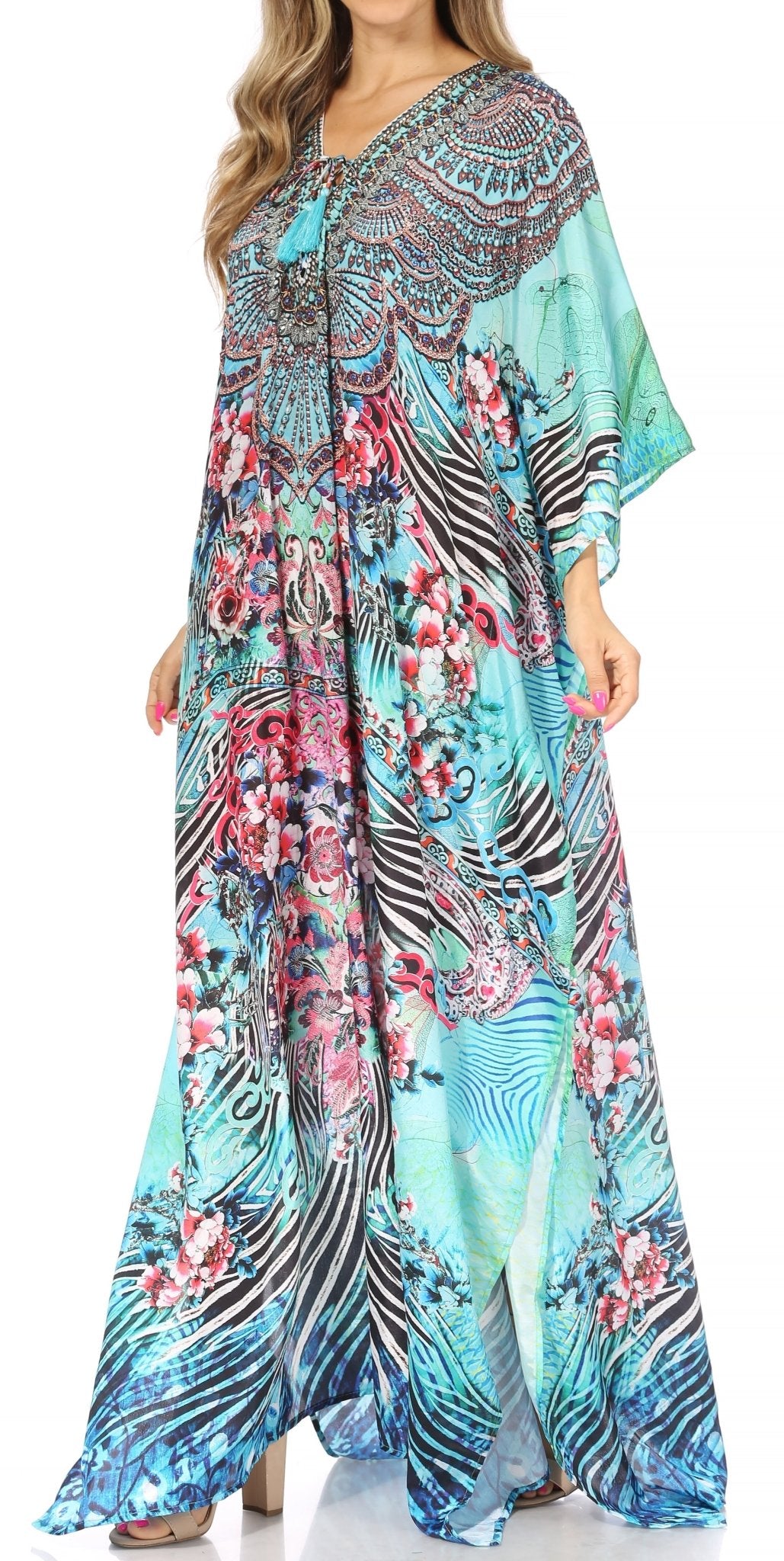 Sakkas Yeni Women's Short Sleeve V-neck Summer Floral Long Caftan Dress Cover-up dresses La Vie Bien Sakkas Yeni Women's Short Sleeve V-neck Summer Floral Long Caftan Dress Cover-up