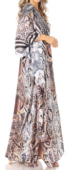 Sakkas Yeni Women's Short Sleeve V-neck Summer Floral Long Caftan Dress Cover-up dresses La Vie Bien Sakkas Yeni Women's Short Sleeve V-neck Summer Floral Long Caftan Dress Cover-up