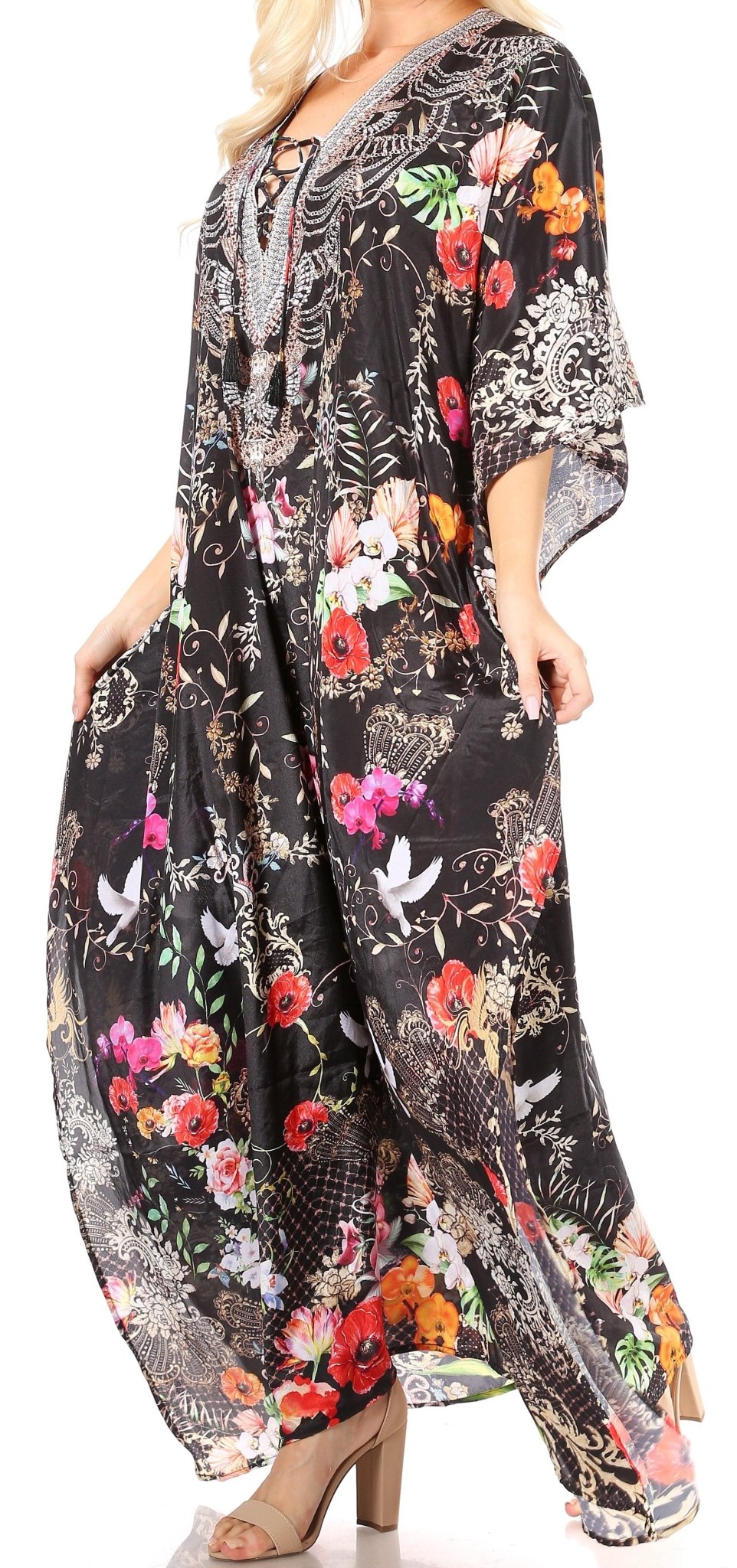 Sakkas Yeni Women's Short Sleeve V-neck Summer Floral Long Caftan Dress Cover-up dresses La Vie Bien Sakkas Yeni Women's Short Sleeve V-neck Summer Floral Long Caftan Dress Cover-up