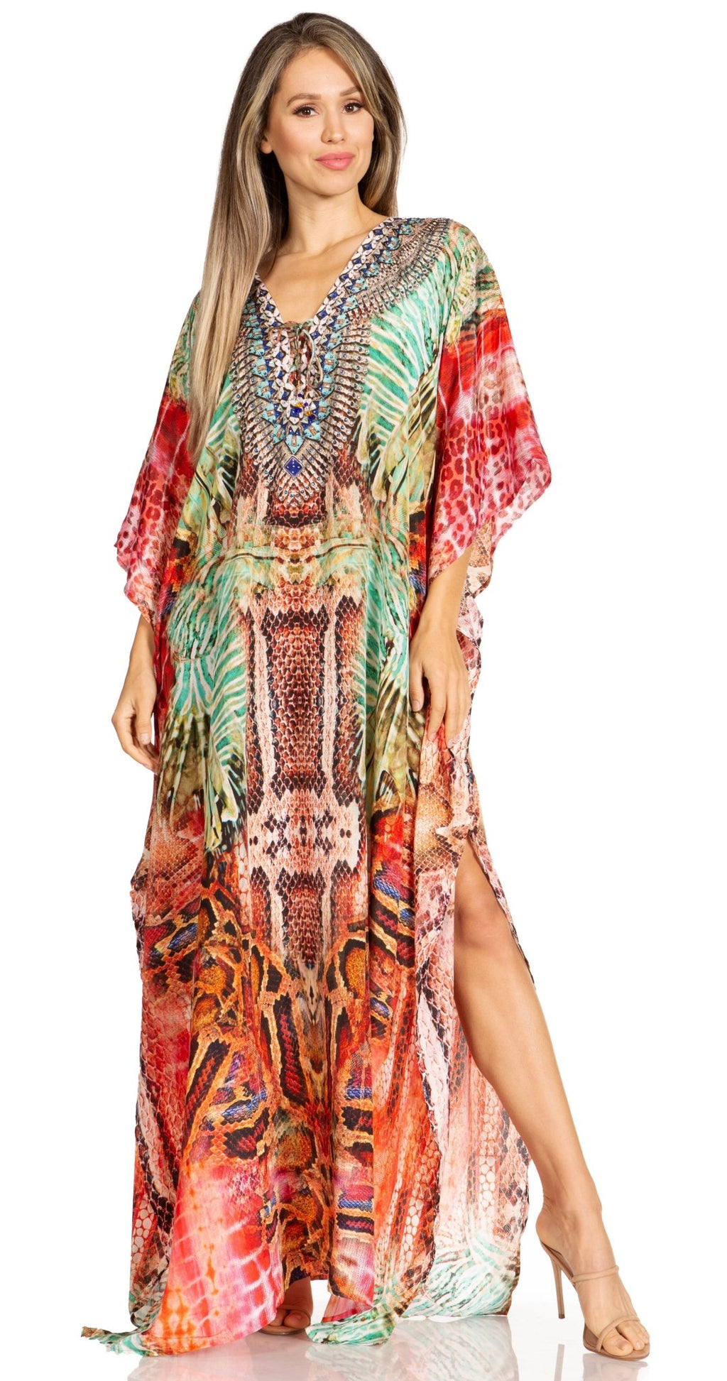 Sakkas Yeni Women's Short Sleeve V-neck Summer Floral Long Caftan Dress Cover-up dresses La Vie Bien Sakkas Yeni Women's Short Sleeve V-neck Summer Floral Long Caftan Dress Cover-up