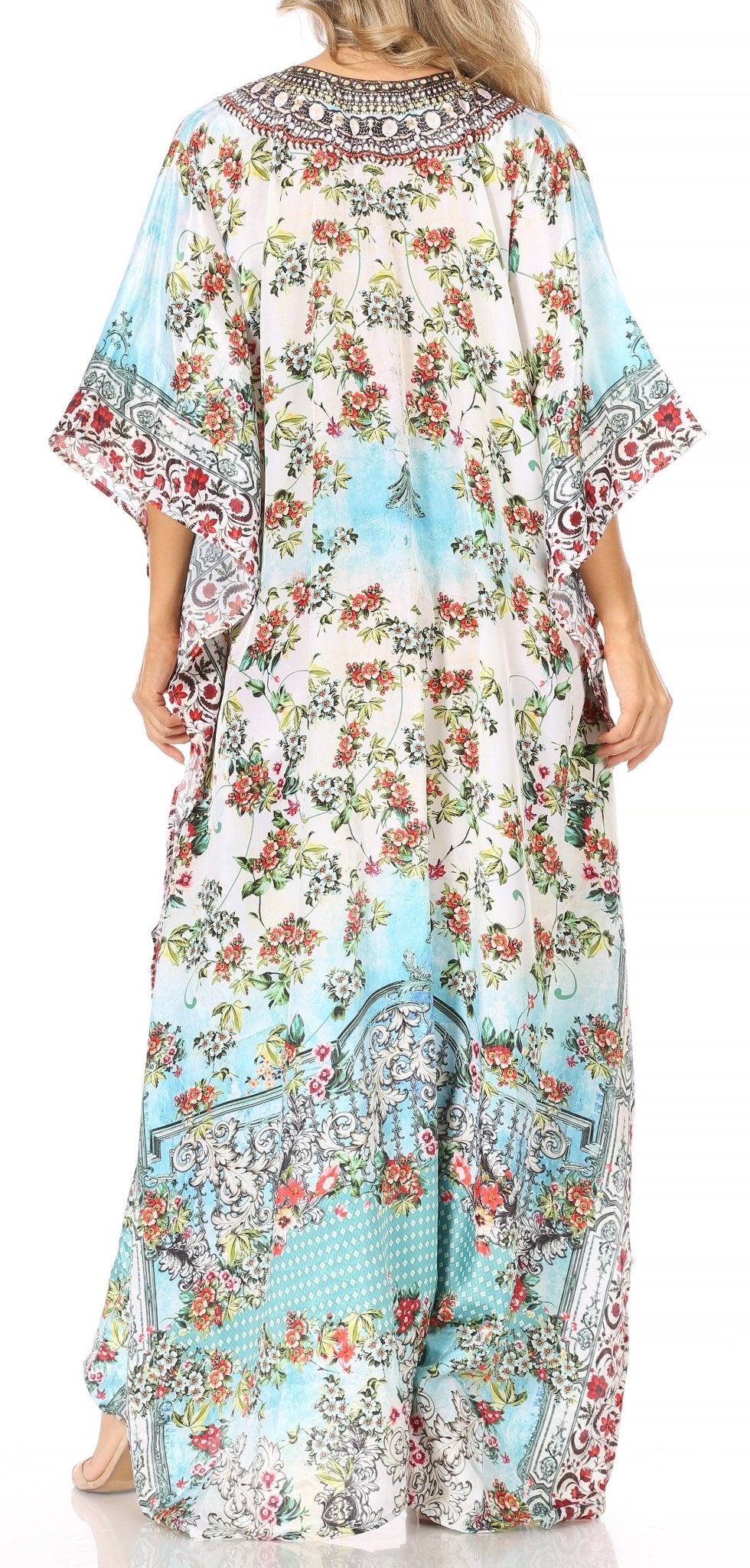 Sakkas Yeni Women's Short Sleeve V-neck Summer Floral Long Caftan Dress Cover-up dresses La Vie Bien Sakkas Yeni Women's Short Sleeve V-neck Summer Floral Long Caftan Dress Cover-up
