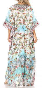Sakkas Yeni Women's Short Sleeve V-neck Summer Floral Long Caftan Dress Cover-up dresses La Vie Bien Sakkas Yeni Women's Short Sleeve V-neck Summer Floral Long Caftan Dress Cover-up