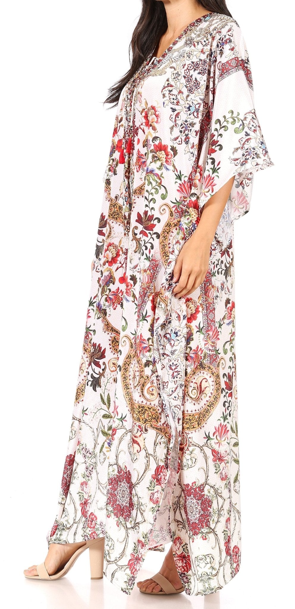 Sakkas Yeni Women's Short Sleeve V-neck Summer Floral Long Caftan Dress Cover-up dresses La Vie Bien Sakkas Yeni Women's Short Sleeve V-neck Summer Floral Long Caftan Dress Cover-up