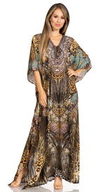 Sakkas Yeni Women's Short Sleeve V-neck Summer Floral Long Caftan Dress Cover-up dresses La Vie Bien Sakkas Yeni Women's Short Sleeve V-neck Summer Floral Long Caftan Dress Cover-up