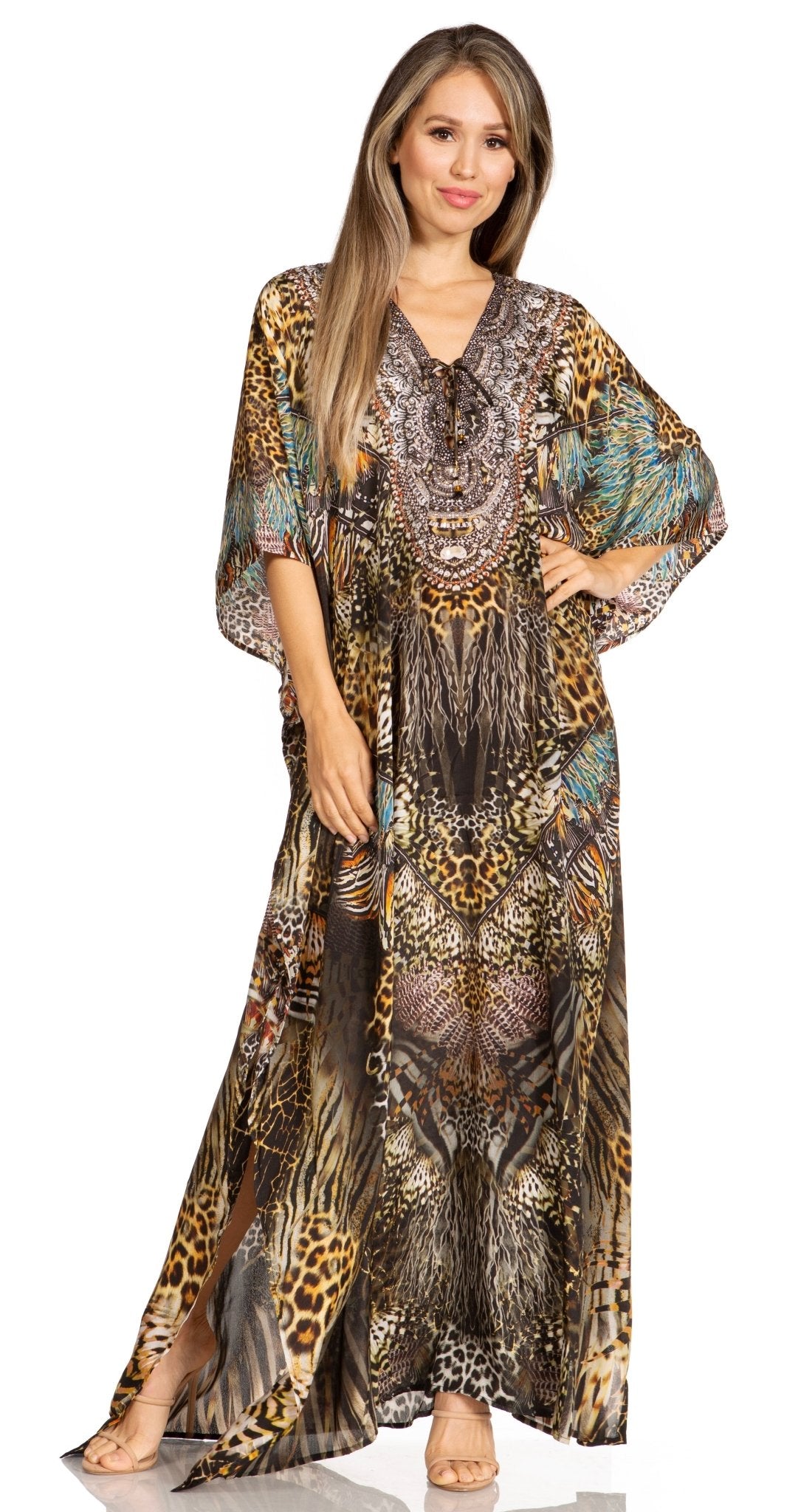 Sakkas Yeni Women's Short Sleeve V-neck Summer Floral Long Caftan Dress Cover-up dresses La Vie Bien Sakkas Yeni Women's Short Sleeve V-neck Summer Floral Long Caftan Dress Cover-up